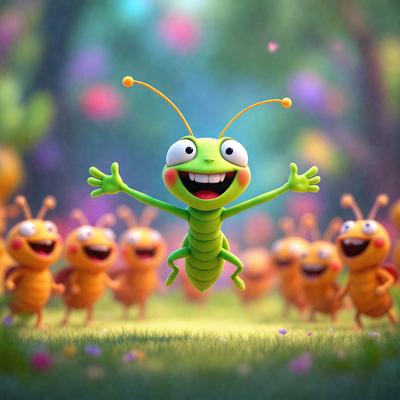The primary subject of the image is a green cartoon insect, possibly a grasshopper, with a big smile on its face. The insect is surrounded by a group of smaller insects, which are also smiling. The setting appears to be a lush green field, and the visual style is a digital art or illustration. The colors and mood of the image are bright, cheerful, and playful, with the green insect being the central focus of the scene.